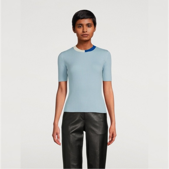 Akris Punto Virgin Wool Short Sleeve Sweater Womens US 14 Blue Cream Ribbed Crew - Picture 2 of 13